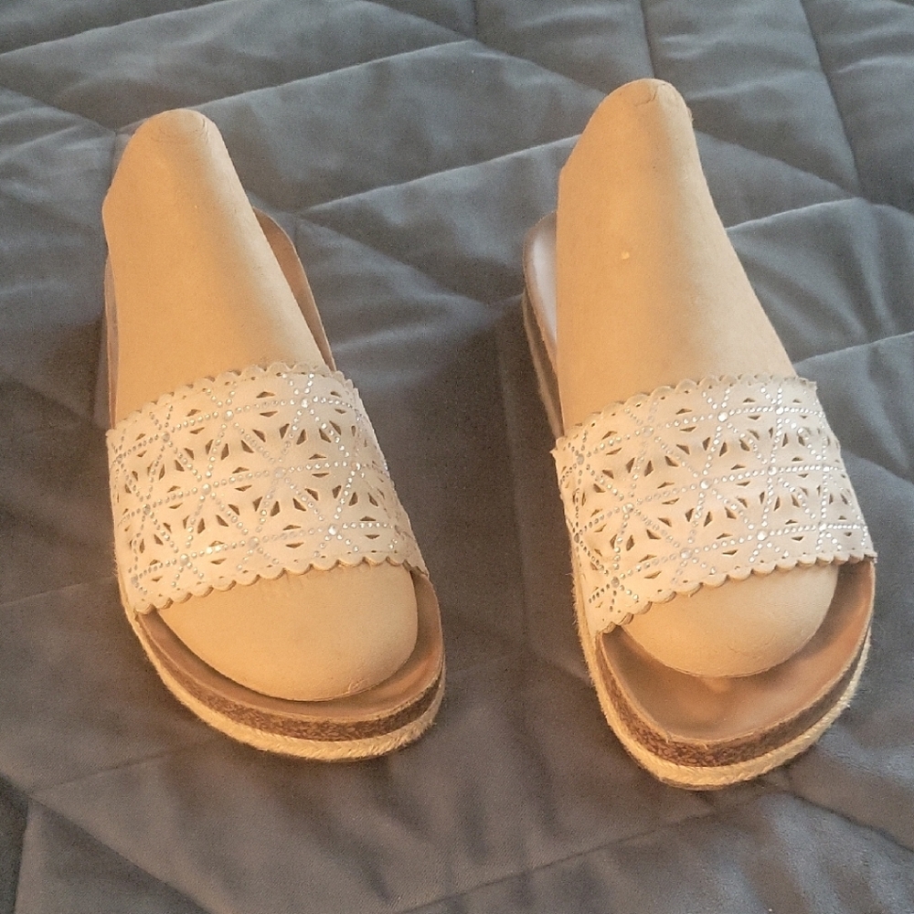 Cream Perforated Slide Sandals with Cushioned Sole